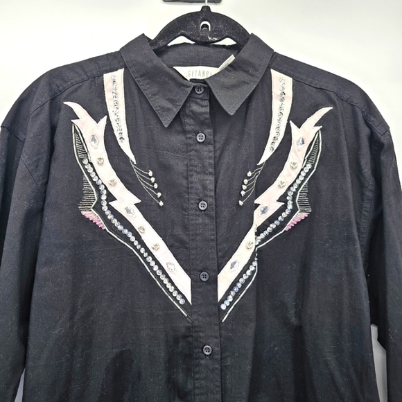 Gitano Black Beaded Western Rodeo Vintage Button Down Shirt Womens Size Medium - Picture 1 of 8